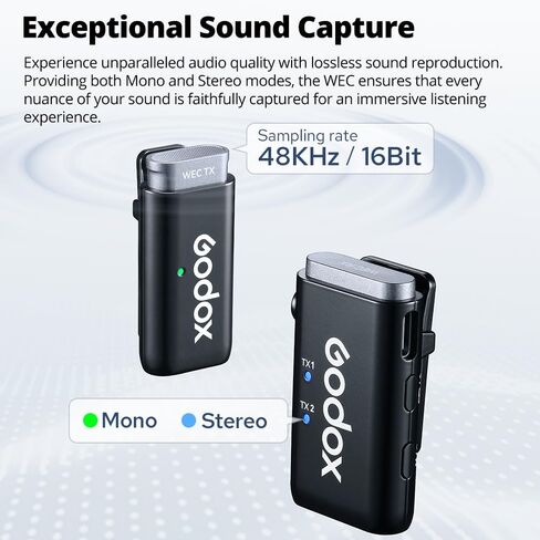 GODOX 2.4 جيجا هرتز نظام الميكروفون اللاسلكي WEC kit2، إلغاء الضوضاء بنقرة واحدة، جودة صوت استثنائية، عرض البطارية الرقمية، نطاق فقدان يصل إلى 200 متر كحد أقصى in Saudi Arabia