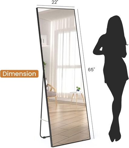 A.T.Lums Floor Mirror, 65" x 22" Full Length Mirror, Rectangle Stainless Steel Metal Frame with Stand, Modern Wall Mounted Mirror, Free Standing or Wall Mounted or Leaning Against Wall, Black in Saudi Arabia