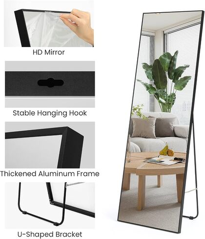 A.T.Lums Floor Mirror, 65" x 22" Full Length Mirror, Rectangle Stainless Steel Metal Frame with Stand, Modern Wall Mounted Mirror, Free Standing or Wall Mounted or Leaning Against Wall, Black in Saudi Arabia