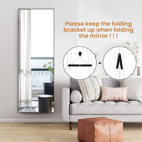 A.T.Lums Floor Mirror, 65" x 22" Full Length Mirror, Rectangle Stainless Steel Metal Frame with Stand, Modern Wall Mounted Mirror, Free Standing or Wall Mounted or Leaning Against Wall, Black in Saudi Arabia