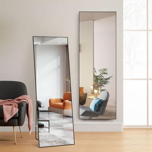 A.T.Lums Floor Mirror, 65" x 22" Full Length Mirror, Rectangle Stainless Steel Metal Frame with Stand, Modern Wall Mounted Mirror, Free Standing or Wall Mounted or Leaning Against Wall, Black in Saudi Arabia