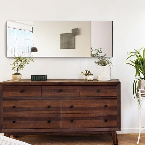 A.T.Lums Floor Mirror, 65" x 22" Full Length Mirror, Rectangle Stainless Steel Metal Frame with Stand, Modern Wall Mounted Mirror, Free Standing or Wall Mounted or Leaning Against Wall, Black in Saudi Arabia