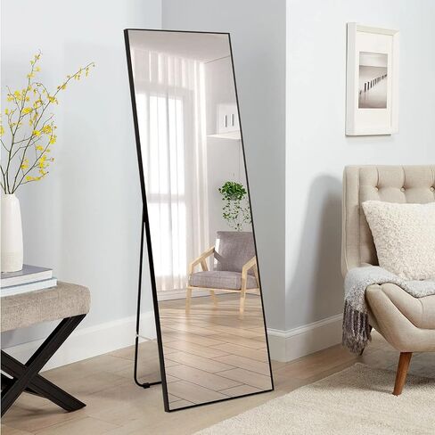 A.T.Lums Floor Mirror, 65" x 22" Full Length Mirror, Rectangle Stainless Steel Metal Frame with Stand, Modern Wall Mounted Mirror, Free Standing or Wall Mounted or Leaning Against Wall, Black in Saudi Arabia