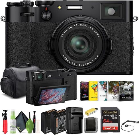 كاميرا FUJIFILM X100V الرقمية (فضي) (16642939) + بطاقة 64 جيجابايت + قارئ بطاقات + بطارية NP-W126 + شاحن + برنامج Corel للصور + حافظة + حامل ثلاثي القوائم مرن + محفظة بطاقة الذاكرة + طقم تنظيف + حافظة للغطاء in Kuwait