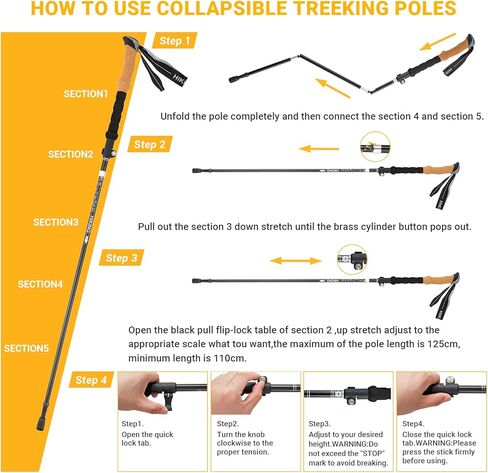 YETO Trekking Poles Collapsible Hiking Poles Lightweight Folding Walking Hiking Sticks Aluminum 7075 with Quick Lock for Hiking Camping Backpacking 2 Pack, Black in Kuwait