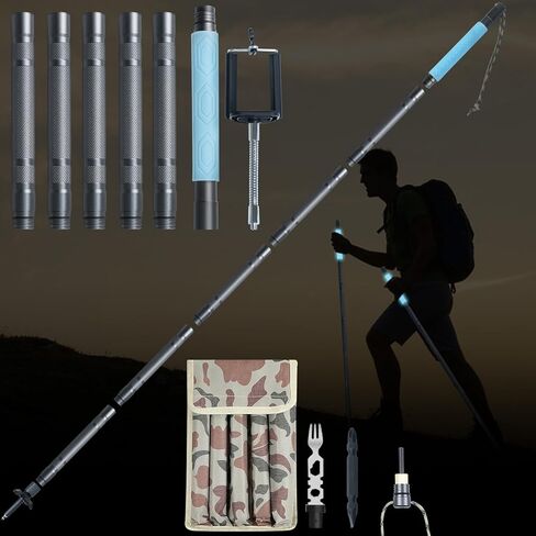 أقطاب الرحلات LanAqua للمشي لمسافات طويلة، أقطاب المشي لمسافات طويلة خفيفة الوزن قابلة للطي مع مقبض مضيء، عصا المشي المصنوعة من الألومنيوم القابلة للفصل للمشي لمسافات طويلة مع حامل الهاتف، عصي المشي للرحلات القابلة للتعديل مقاس 53 بوصة in Kuwait