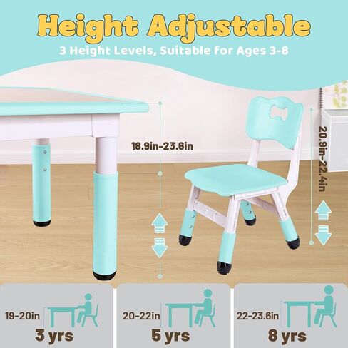 FUNLIO Kids Table and 2 Chairs Set, Height Adjustable Toddler Table and Chair Set for Ages 3-8, Easy to Wipe Arts & Crafts Table, for Classrooms/Daycares/Homes, CPC & CE Approved (3pcs Set) - Natural in Saudi Arabia