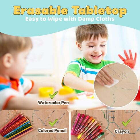 FUNLIO Kids Table and 2 Chairs Set, Height Adjustable Toddler Table and Chair Set for Ages 3-8, Easy to Wipe Arts & Crafts Table, for Classrooms/Daycares/Homes, CPC & CE Approved (3pcs Set) - Natural in Saudi Arabia