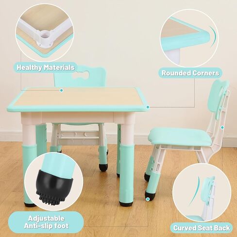 FUNLIO Kids Table and 2 Chairs Set, Height Adjustable Toddler Table and Chair Set for Ages 3-8, Easy to Wipe Arts & Crafts Table, for Classrooms/Daycares/Homes, CPC & CE Approved (3pcs Set) - Natural in Saudi Arabia