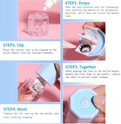 Contact Lens Cleaner, Ofone Rotary Contact Lens Cleaner Case for Soft Lenses, Portable Contact Cleaning Machine with Contact Lens Remover and Tweezers (Pink) in Kuwait