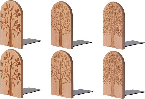 Sunolga 3 Pairs Beech Wooden Book Ends for Shelves with Non-Skid Pad and Detachable Design 5.1 Inches Heavy Duty Decorative Tree Bookends for Functional Organization, Desk Organizers and Accessories in Kuwait