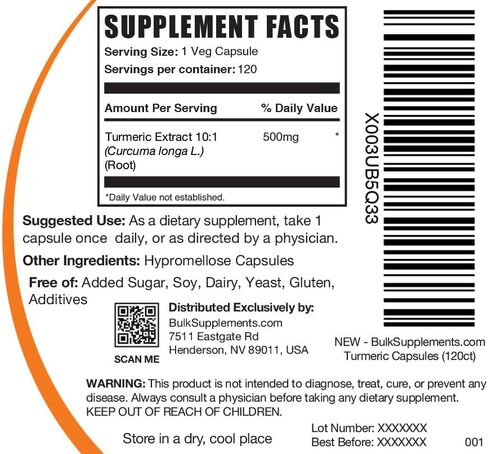 BulkSupplements.com Turmeric 500mg Extract Capsules - Curcumin Supplements, Turmeric Curcumin Capsules - Gluten Free, 1 Capsule per Serving, 120 Veg Capsules (Pack of 1) in Saudi Arabia