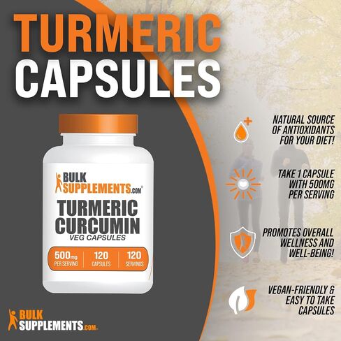 BulkSupplements.com Turmeric 500mg Extract Capsules - Curcumin Supplements, Turmeric Curcumin Capsules - Gluten Free, 1 Capsule per Serving, 120 Veg Capsules (Pack of 1) in Saudi Arabia