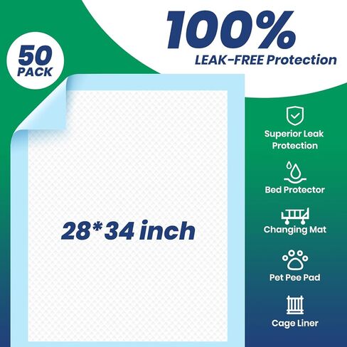 Chucks Pads Disposable [50-Pack] Underpads 28x34 Incontinence Chux Pads Absorbent Polymer Protective Bed Pads, Pee Pads for Kids, Adults & Elderly, Leak Proof (Large-100 PCS) in Kuwait