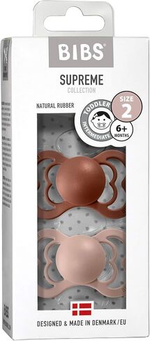 BIBS Supreme Soother 2-Pack, BPA Free Dummy Pacifier, Symmetrical . Natural Rubber Latex, Size 2 (6-18 Months), Woodchuck / Blush in Saudi Arabia