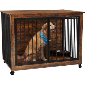 Rovibek 39" Large Dog Crate Furniture with Rotatable Bowls, Wooden Dog Crate End Table, Decorative Heavy Duty Dog Kennel Furniture Indoor with Double Doors 4 Wheels in Kuwait
