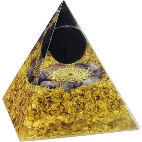 mookaitedecor Tiger's Eye Crystal Orgone Pyramid with Amethyst Tumbled Stones and Crown Chakra Symbol Orgonite Energy Generator for Protection Yoga Meditation