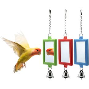 Litewoo 3-Piece Parrot Mirror Toys with Bell Pendant Toy for Bird Parakeet Cockatiel Budgie Conure（Square） in Kuwait