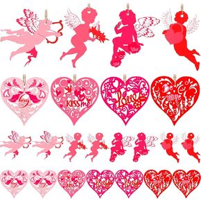 24 Pieces Valentine's Day Heart Cupid Embellishments 8 Styles Love Heart Wood Ornaments Hollowed Out Wood Tree Hanging Ornaments with String for Valentines Wedding Anniversary Party Supplies Crafts in Saudi Arabia