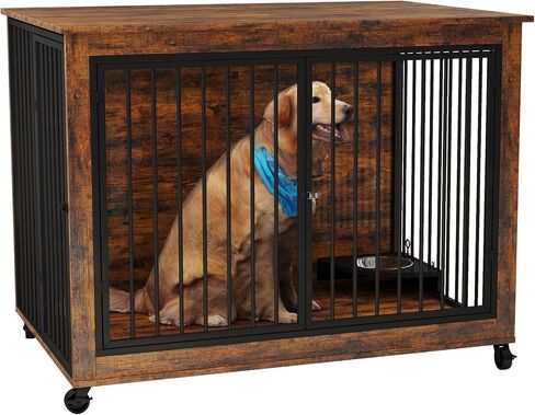 Rovibek 39" Large Dog Crate Furniture with Rotatable Bowls, Wooden Dog Crate End Table, Decorative Heavy Duty Dog Kennel Furniture Indoor with Double Doors 4 Wheels in Kuwait
