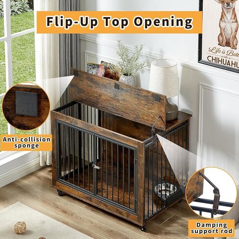 Rovibek 39" Large Dog Crate Furniture with Rotatable Bowls, Wooden Dog Crate End Table, Decorative Heavy Duty Dog Kennel Furniture Indoor with Double Doors 4 Wheels in Kuwait