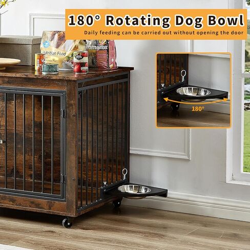 Rovibek 39" Large Dog Crate Furniture with Rotatable Bowls, Wooden Dog Crate End Table, Decorative Heavy Duty Dog Kennel Furniture Indoor with Double Doors 4 Wheels in Kuwait