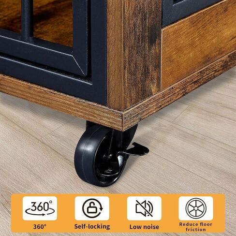 Rovibek 39" Large Dog Crate Furniture with Rotatable Bowls, Wooden Dog Crate End Table, Decorative Heavy Duty Dog Kennel Furniture Indoor with Double Doors 4 Wheels in Kuwait