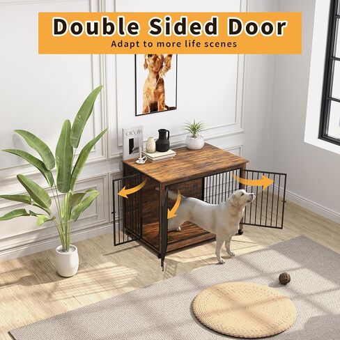 Rovibek 39" Large Dog Crate Furniture with Rotatable Bowls, Wooden Dog Crate End Table, Decorative Heavy Duty Dog Kennel Furniture Indoor with Double Doors 4 Wheels in Kuwait