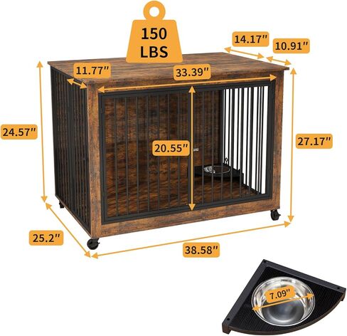 Rovibek 39" Large Dog Crate Furniture with Rotatable Bowls, Wooden Dog Crate End Table, Decorative Heavy Duty Dog Kennel Furniture Indoor with Double Doors 4 Wheels in Kuwait