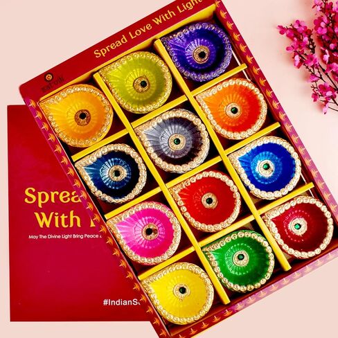 SATVIK 12 Pc Multicolor Clay Diya Terracotta Dia Traditional Puja Vilakku Oil Lamp Natural Mitti Diya Tea Light Welcome Diwali Deepawali Navratri Pooja Décorations Indian Housewarming Return Gift Item in Saudi Arabia