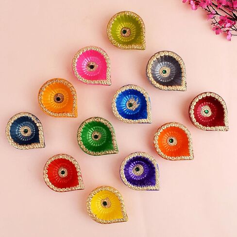 SATVIK 12 Pc Multicolor Clay Diya Terracotta Dia Traditional Puja Vilakku Oil Lamp Natural Mitti Diya Tea Light Welcome Diwali Deepawali Navratri Pooja Décorations Indian Housewarming Return Gift Item in Saudi Arabia