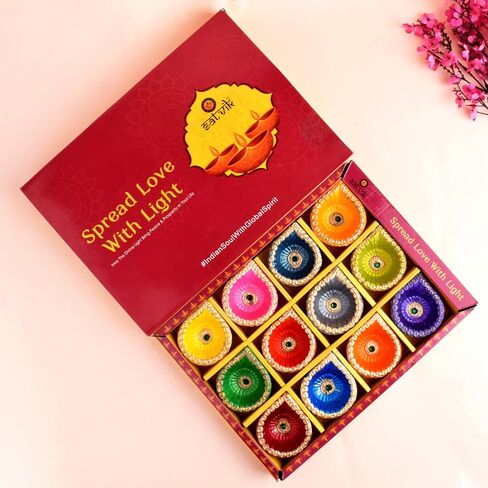 SATVIK 12 Pc Multicolor Clay Diya Terracotta Dia Traditional Puja Vilakku Oil Lamp Natural Mitti Diya Tea Light Welcome Diwali Deepawali Navratri Pooja Décorations Indian Housewarming Return Gift Item in Saudi Arabia