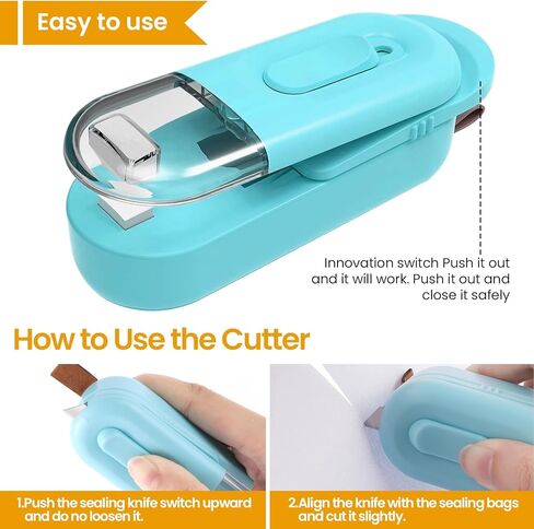 اداة اغلاق اكياس صغيرة محمولة باليد 2 في 1 مع قطاعة وحبل قصير للاكياس البلاستيكية وتخزين الطعام والوجبات الخفيفة والحفاظ على الطعام طازجًا. in Kuwait