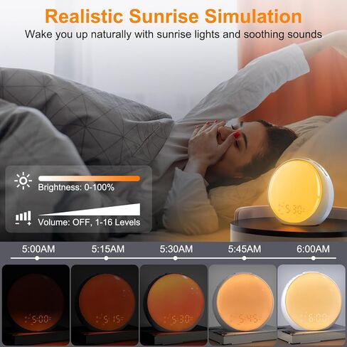 منبه شروق الشمس، ضوء الاستيقاظ، ساعة منبه مع محاكاة شروق الشمس/غروب الشمس، 8 ألوان ضوء ليلي، 10 أصوات مهدئة، راديو FM، منبه مزدوج، قيلولة بعد الظهر، ساعة منبه عالية للأطفال البالغين الذين ينامون كثيرًا in Kuwait