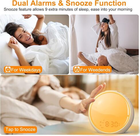 منبه شروق الشمس، ضوء الاستيقاظ، ساعة منبه مع محاكاة شروق الشمس/غروب الشمس، 8 ألوان ضوء ليلي، 10 أصوات مهدئة، راديو FM، منبه مزدوج، قيلولة بعد الظهر، ساعة منبه عالية للأطفال البالغين الذين ينامون كثيرًا in Kuwait