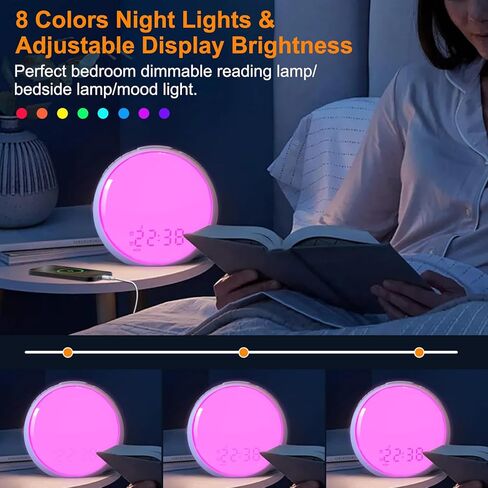 منبه شروق الشمس، ضوء الاستيقاظ، ساعة منبه مع محاكاة شروق الشمس/غروب الشمس، 8 ألوان ضوء ليلي، 10 أصوات مهدئة، راديو FM، منبه مزدوج، قيلولة بعد الظهر، ساعة منبه عالية للأطفال البالغين الذين ينامون كثيرًا in Kuwait