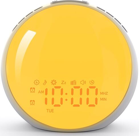 منبه شروق الشمس، ضوء الاستيقاظ، ساعة منبه مع محاكاة شروق الشمس/غروب الشمس، 8 ألوان ضوء ليلي، 10 أصوات مهدئة، راديو FM، منبه مزدوج، قيلولة بعد الظهر، ساعة منبه عالية للأطفال البالغين الذين ينامون كثيرًا in Kuwait