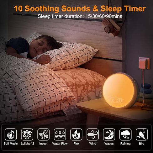 منبه شروق الشمس، ضوء الاستيقاظ، ساعة منبه مع محاكاة شروق الشمس/غروب الشمس، 8 ألوان ضوء ليلي، 10 أصوات مهدئة، راديو FM، منبه مزدوج، قيلولة بعد الظهر، ساعة منبه عالية للأطفال البالغين الذين ينامون كثيرًا in Kuwait