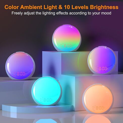 منبه شروق الشمس، ضوء الاستيقاظ، ساعة منبه مع محاكاة شروق الشمس/غروب الشمس، 8 ألوان ضوء ليلي، 10 أصوات مهدئة، راديو FM، منبه مزدوج، قيلولة بعد الظهر، ساعة منبه عالية للأطفال البالغين الذين ينامون كثيرًا in Kuwait