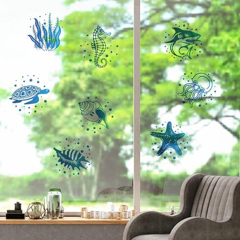 GORGECRAFT 8 Styles 6.3" Sea Animal Window Decals Static Sea Turtles Glass Sliding Door Sticker Clings Non Adhesive Vinyl Film Ocean Bedroom Bathroom Decals for Prevent Stop Birds Dogs Pets Strikes in Saudi Arabia