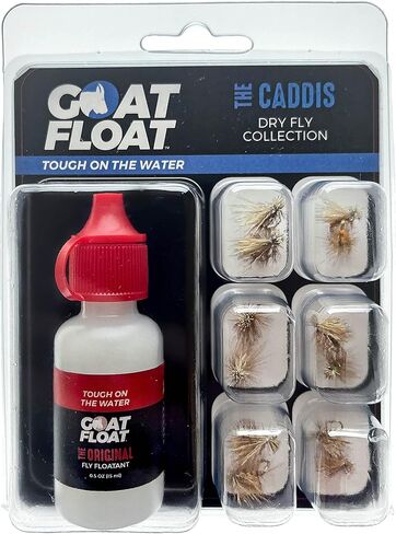 The Caddis Dry Fly Collection - 12 Goat Float Flies, 5X Leader, & The Original Dry Fly Floatant Included in Kuwait