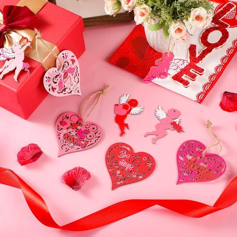 Valentine's Day Cupid Heart Wooden Embellishments for Hanging, 24 Pieces 8 Styles Love Words Heart Cupid Wood Ornament with String for Valentines Wedding Anniversary Decor Party Supplies in Saudi Arabia