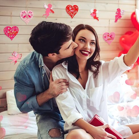 Valentine's Day Cupid Heart Wooden Embellishments for Hanging, 24 Pieces 8 Styles Love Words Heart Cupid Wood Ornament with String for Valentines Wedding Anniversary Decor Party Supplies in Saudi Arabia