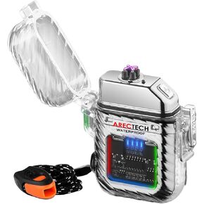 ARECTECH Electric Arc Dual Lighter Rechargeable Lighter 3 Modes of Flashlight Plasma Windproof Lighters Waterproof with Survival Emergency Whistle and Lanyard for Candle Outdoor Camping (Black) in Kuwait