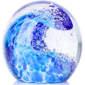 Hand Blown Glass Figurines Ball Ocean Waves,Blue Glass Decor,Office Paperweight Glass for Desk,Home Decor Collectible,Aquarium Decor,Office Decor Ocean Lovers,Blown Glass Sculpture for Tabletop,Office