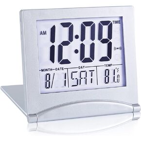 KANBIT Small Digital Travel Alarm Clock Battery Operated, Portable Large Number Display Loud Alarm Clock with Temperature, Night Backlight, 12/24 H Desk Clock -Silver (White Light)