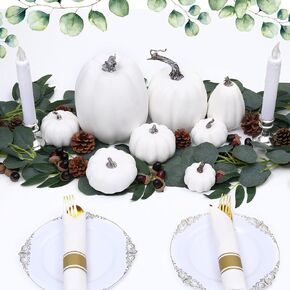 Lenwen 8 Pcs Assorted Sizes Fall Artificial Pumpkins Harvest Pumpkins 50 Pcs Acorns 12 Pcs Pine Cones 2 Pcs 13 ft Total Artificial Eucalyptus Garland Spring Garland for Autumn Harvest Decoration in Kuwait