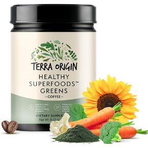 Greens Powder Immune Defense and Digestive Support | Probiotics, Organic Vegetables, Digestive Enzymes | Non-GMO, Gluten-Free, Vegan | Three 30 Serving tubs | Coffee Flavor in Kuwait
