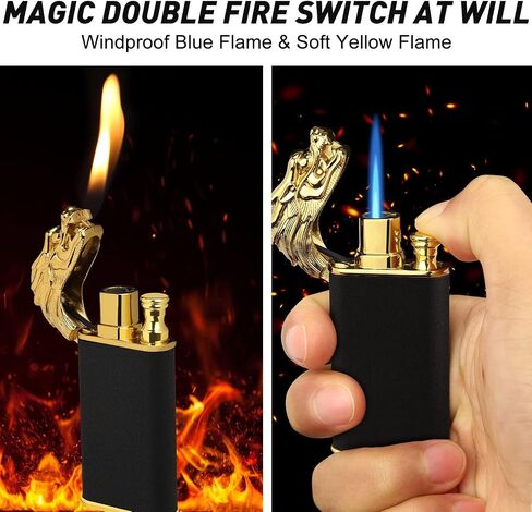 Magic Dual Flame Crocodile Lighter, Butane Refillable Torch Lighter Double Flame Crocodile Lighter Switchable Windproof Jet & Soft Fire Cool Lighter Creative Gift for Men (Black, Without Gas) in Saudi Arabia