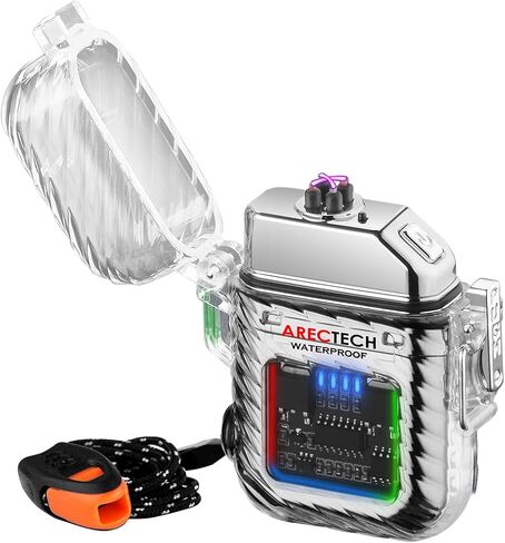 ARECTECH Electric Arc Dual Lighter Rechargeable Lighter 3 Modes of Flashlight Plasma Windproof Lighters Waterproof with Survival Emergency Whistle and Lanyard for Candle Outdoor Camping (Black) in Kuwait